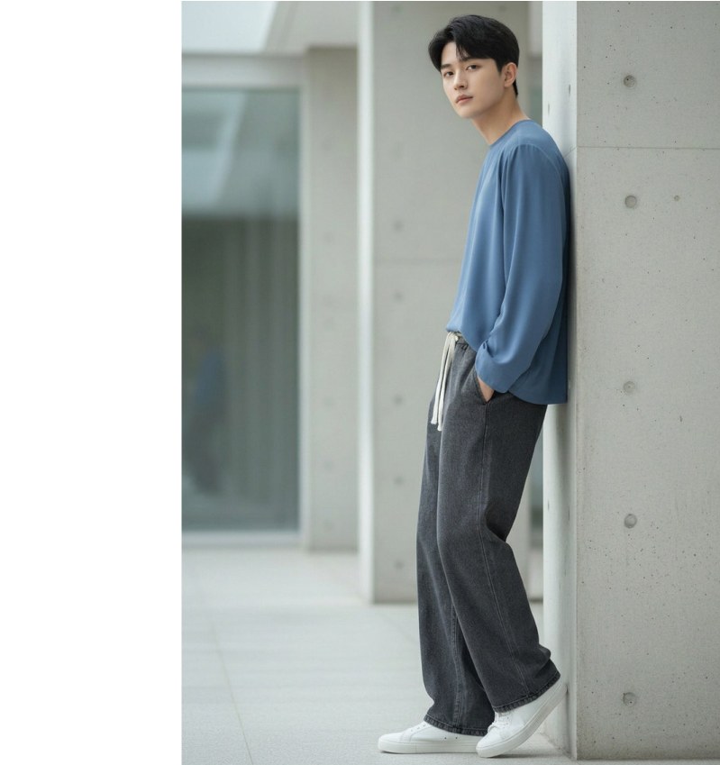 차콜·베이지 톤 청바지와 긴팔티 전신 코디 사진