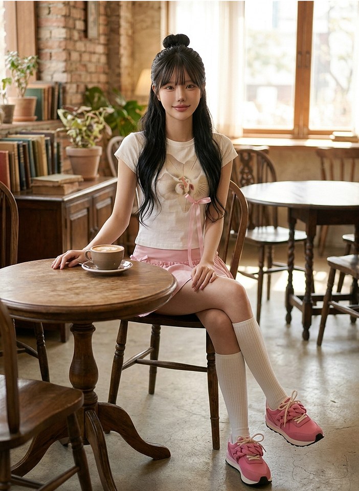 베이지·블랙 톤 셔츠와 반바지 전신 코디 사진