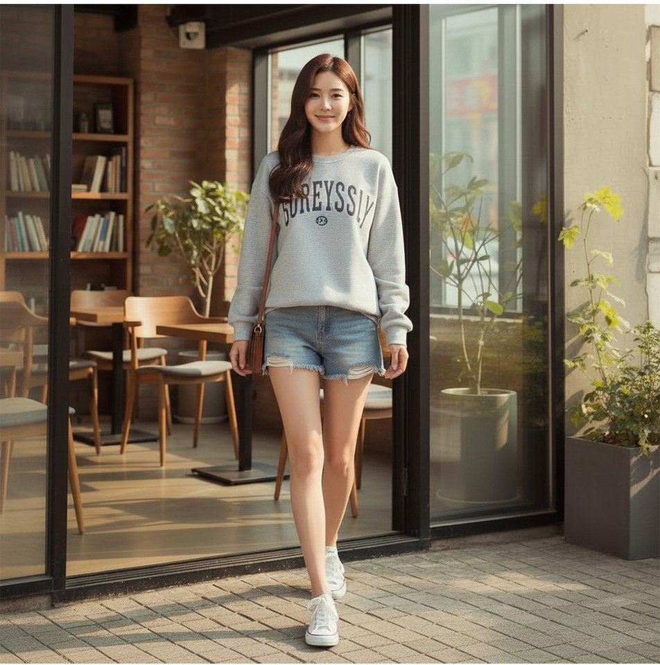 차콜·그레이 톤 맨투맨과 반바지 전신 코디 사진