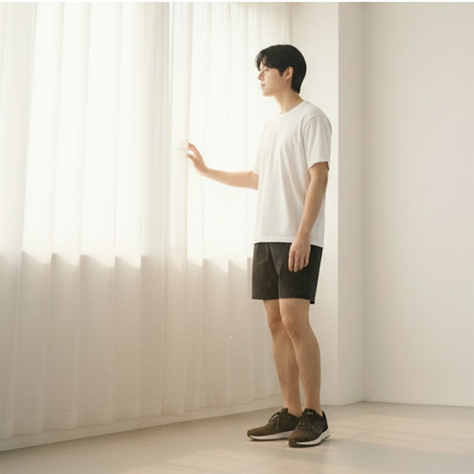 베이지·카멜 톤 셔츠와 미니스커트 전신 코디 사진