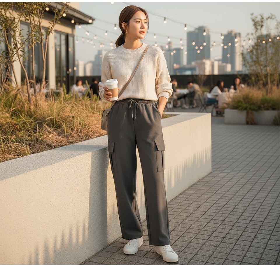 아이보리·브라운 톤 니트와 패딩 전신 코디 사진