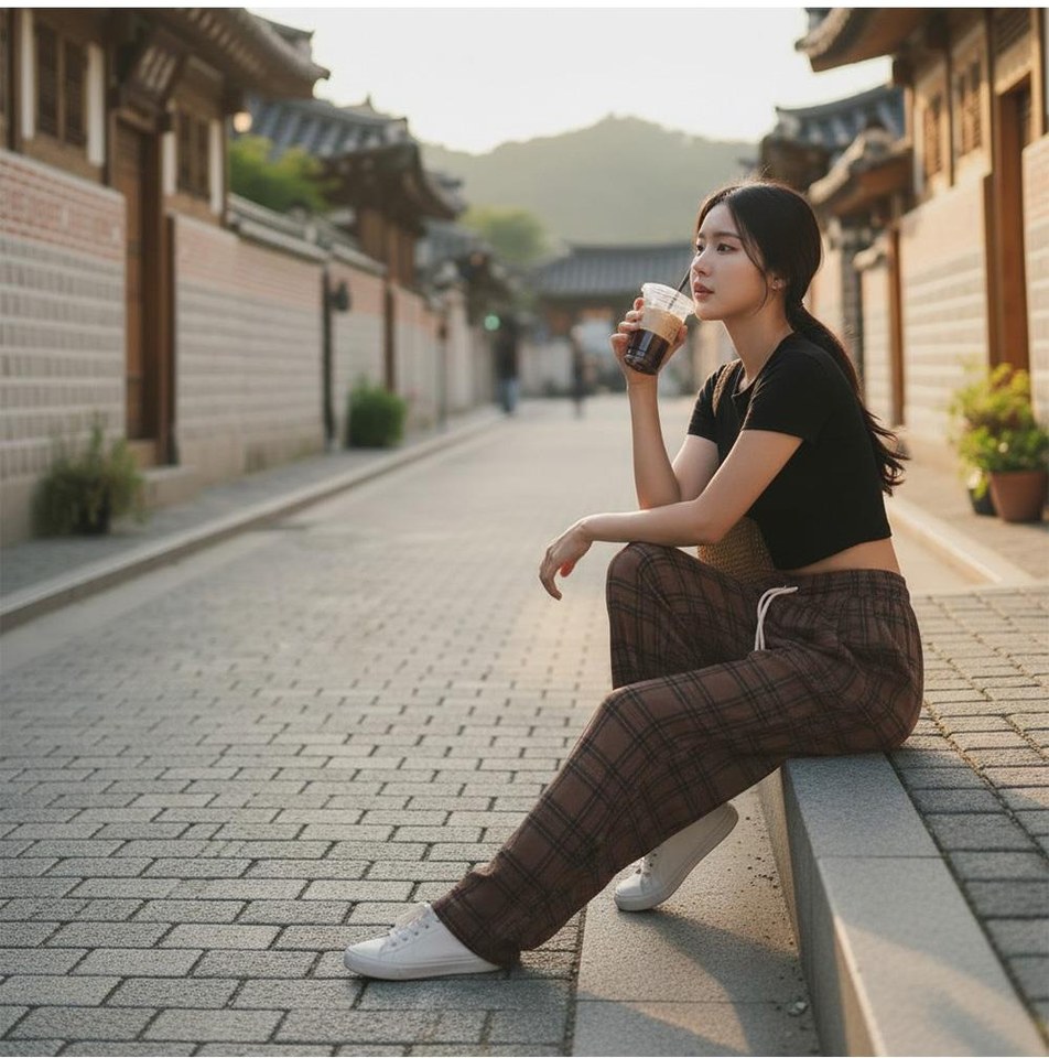 블랙·차콜 톤 슬랙스와 반팔티 전신 코디 사진