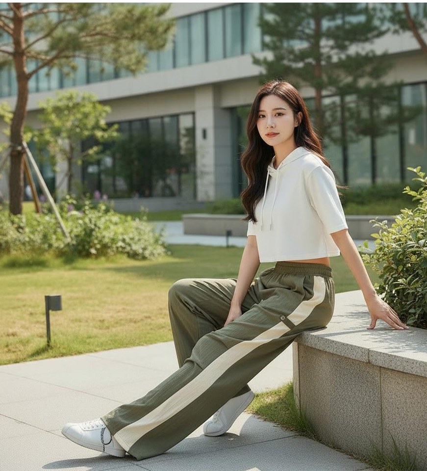 아이보리·카키 톤 슬랙스와 긴팔티 전신 코디 사진