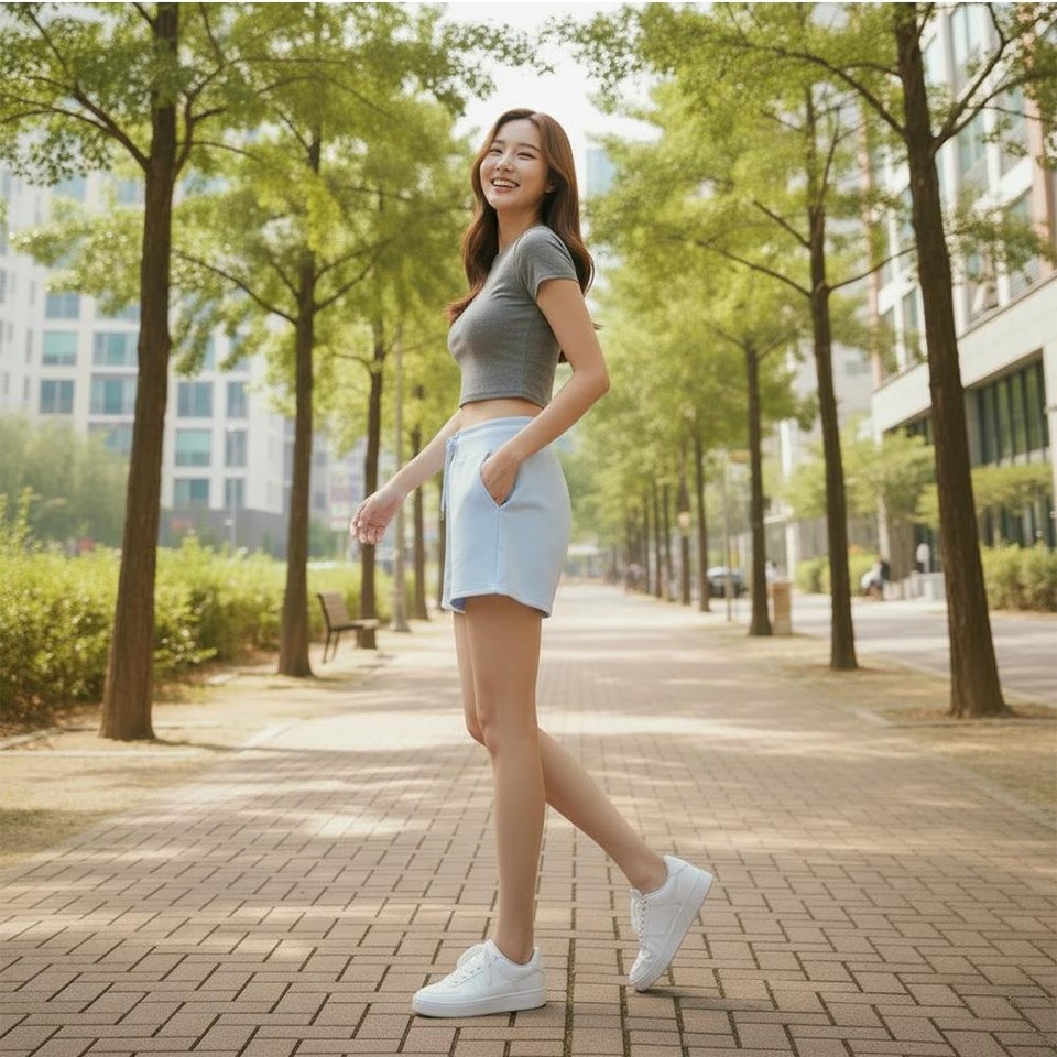 차콜·그레이 톤 반바지와 반팔티 전신 코디 사진