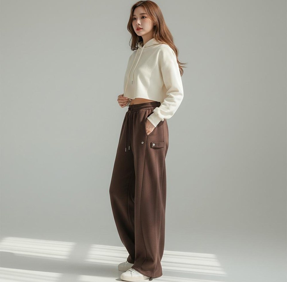 아이보리·카키 톤 슬랙스와 긴팔티 전신 코디 사진