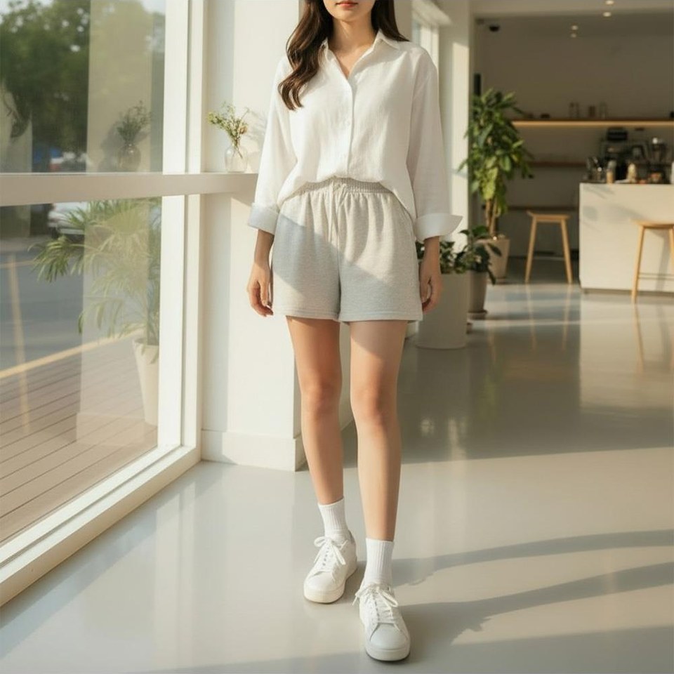 그레이·화이트 톤 반바지와 셔츠 전신 코디 사진