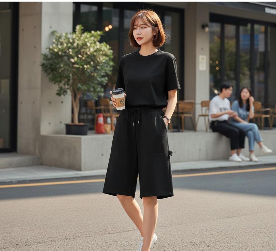 블랙·카멜 톤 반바지와 반팔티 전신 코디 사진