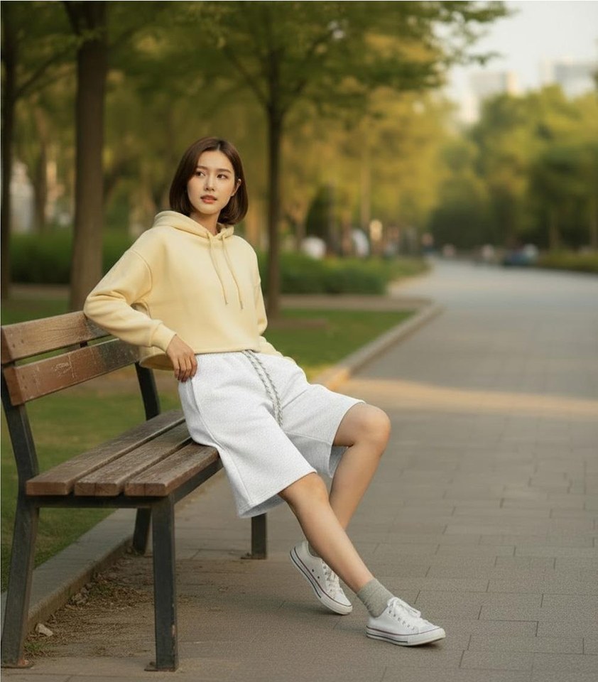 베이지·카멜 톤 반바지와 긴팔티 전신 코디 사진