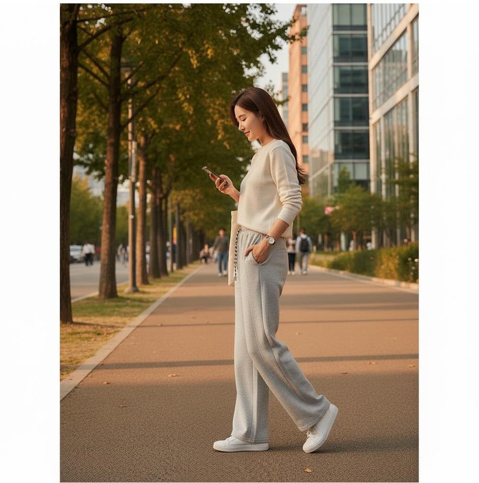 베이지·차콜 톤 슬랙스와 니트 전신 코디 사진