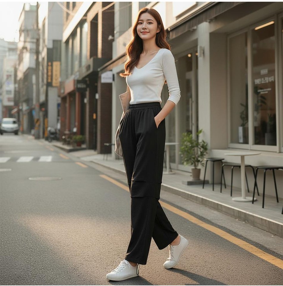 베이지·그레이 톤 청바지와 긴팔티 전신 코디 사진