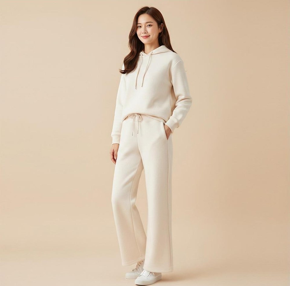 화이트·베이지 톤 트레이닝팬츠와 재킷 전신 코디 사진