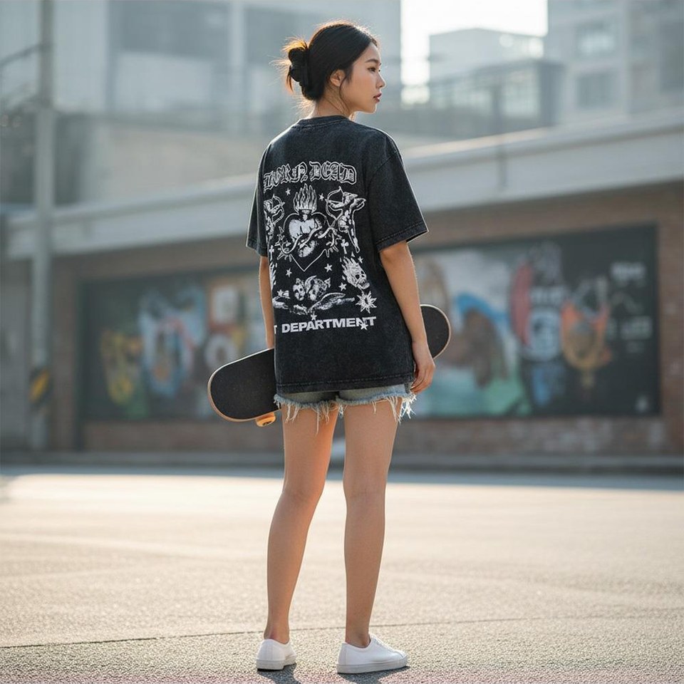 블랙·카멜 톤 티셔츠와 반바지 전신 코디 사진