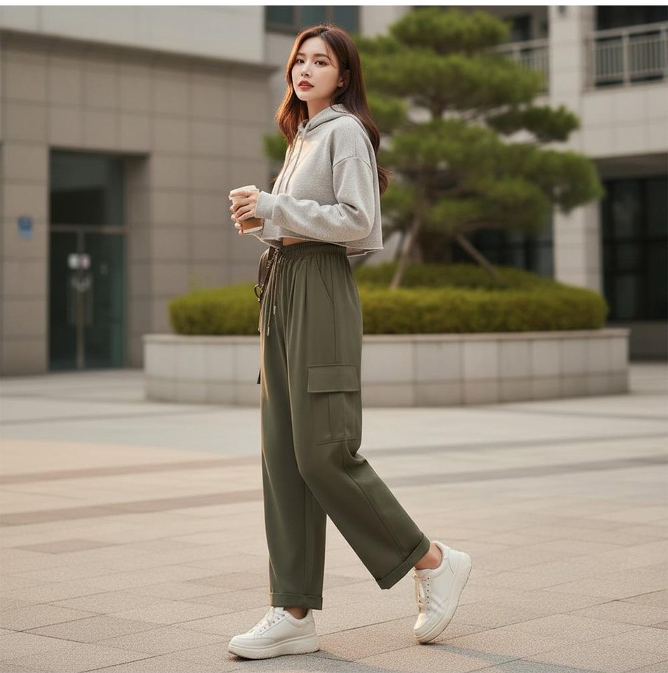 베이지·그레이 톤 슬랙스와 긴팔티 전신 코디 사진