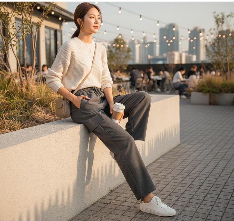 아이보리·베이지 톤 청바지와 니트 전신 코디 사진