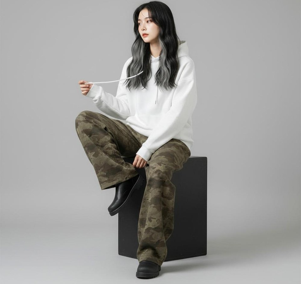 화이트·차콜 톤 슬랙스와 긴팔티 전신 코디 사진