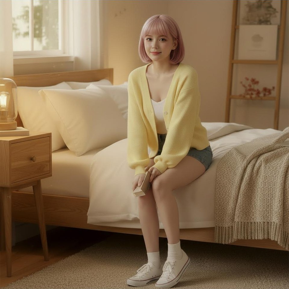 카멜·베이지 톤 가디건과 반바지 전신 코디 사진