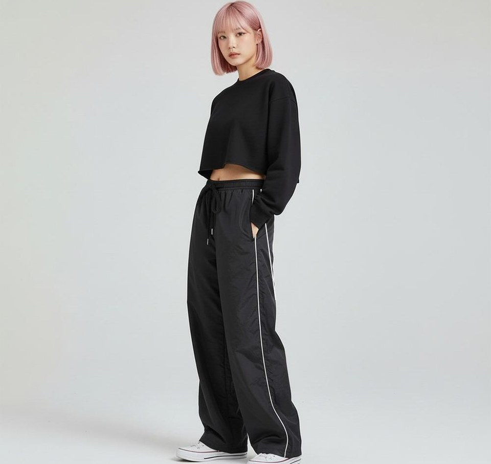 블랙·차콜 톤 슬랙스와 긴팔티 전신 코디 사진
