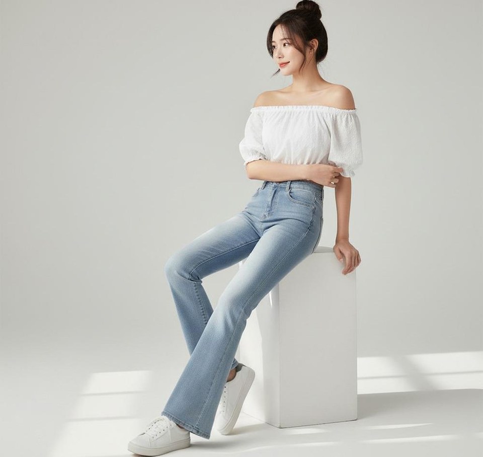 베이지·그레이 톤 청바지와 블라우스 전신 코디 사진