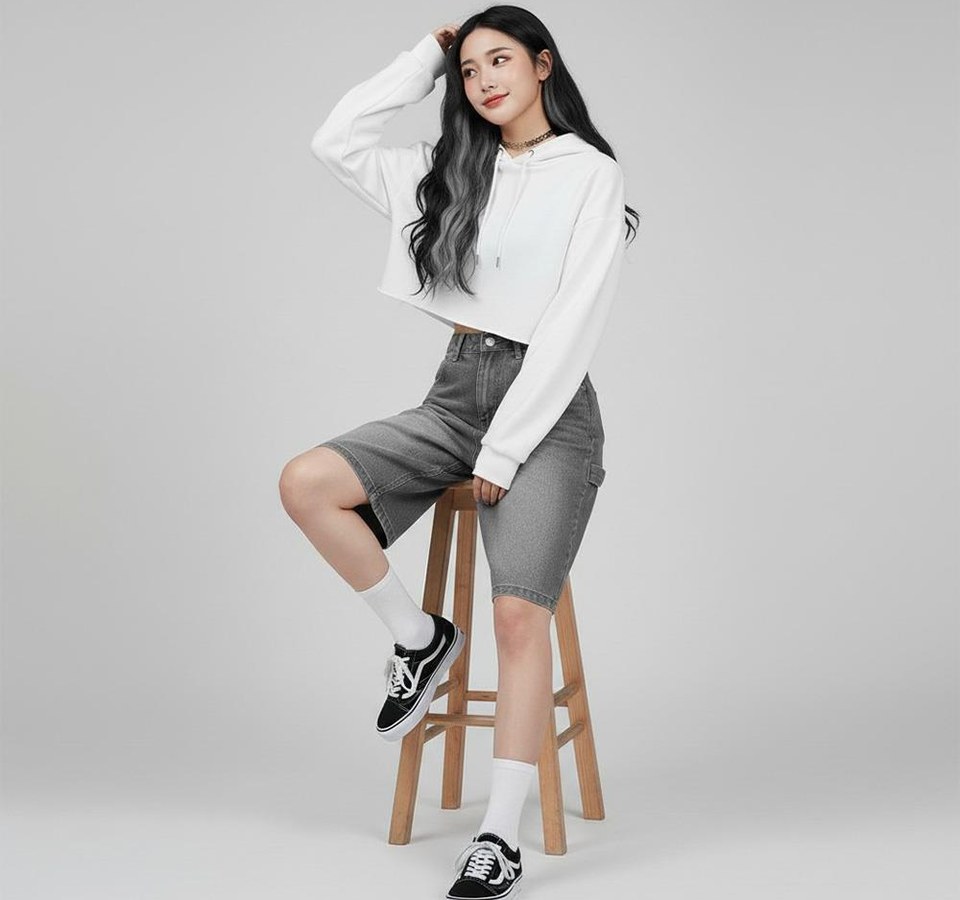 차콜·블랙 톤 반바지와 긴팔티 전신 코디 사진