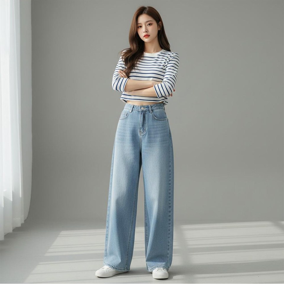 화이트·차콜 톤 슬랙스와 니트 전신 코디 사진