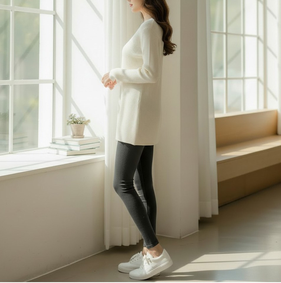 아이보리·카키 톤 레깅스와 니트 전신 코디 사진