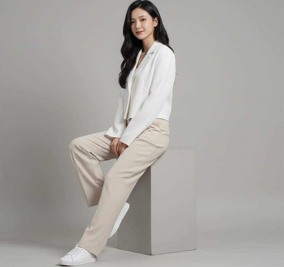 화이트·그레이 톤 재킷과 슬랙스 전신 코디 사진