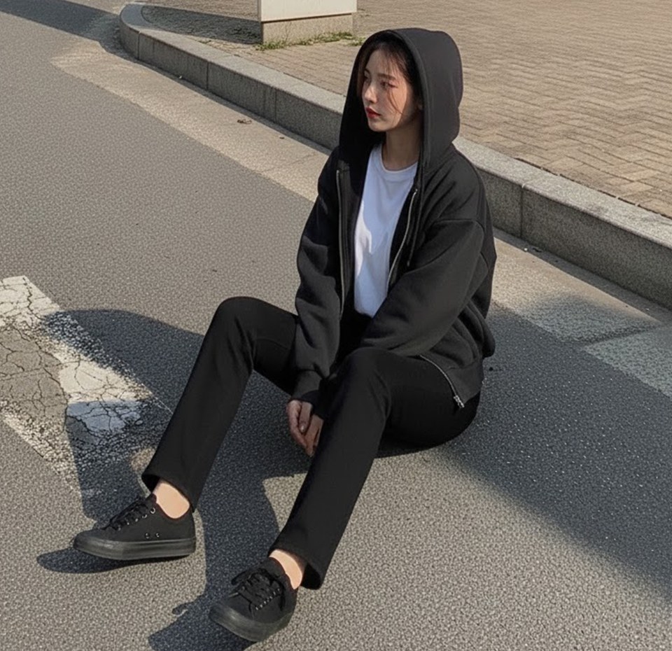 그레이·차콜 톤 가디건과 재킷 전신 코디 사진