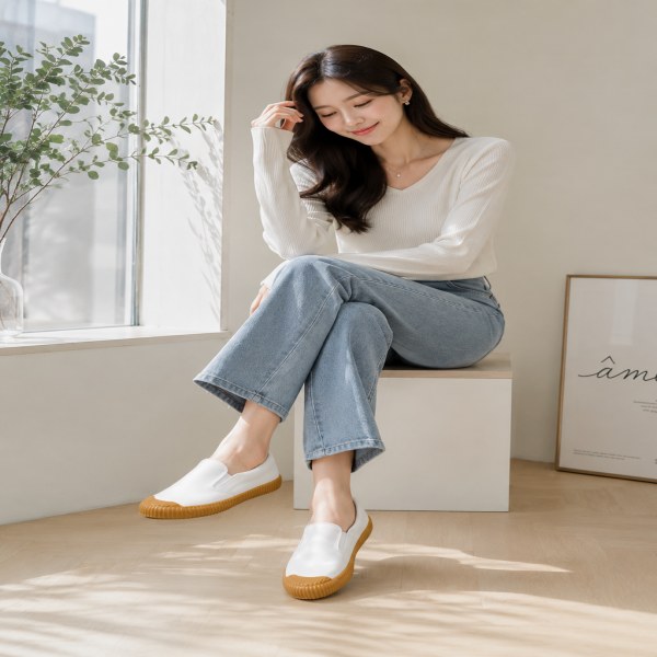 블랙·카키 톤 스니커즈와 긴팔티 전신 코디 사진