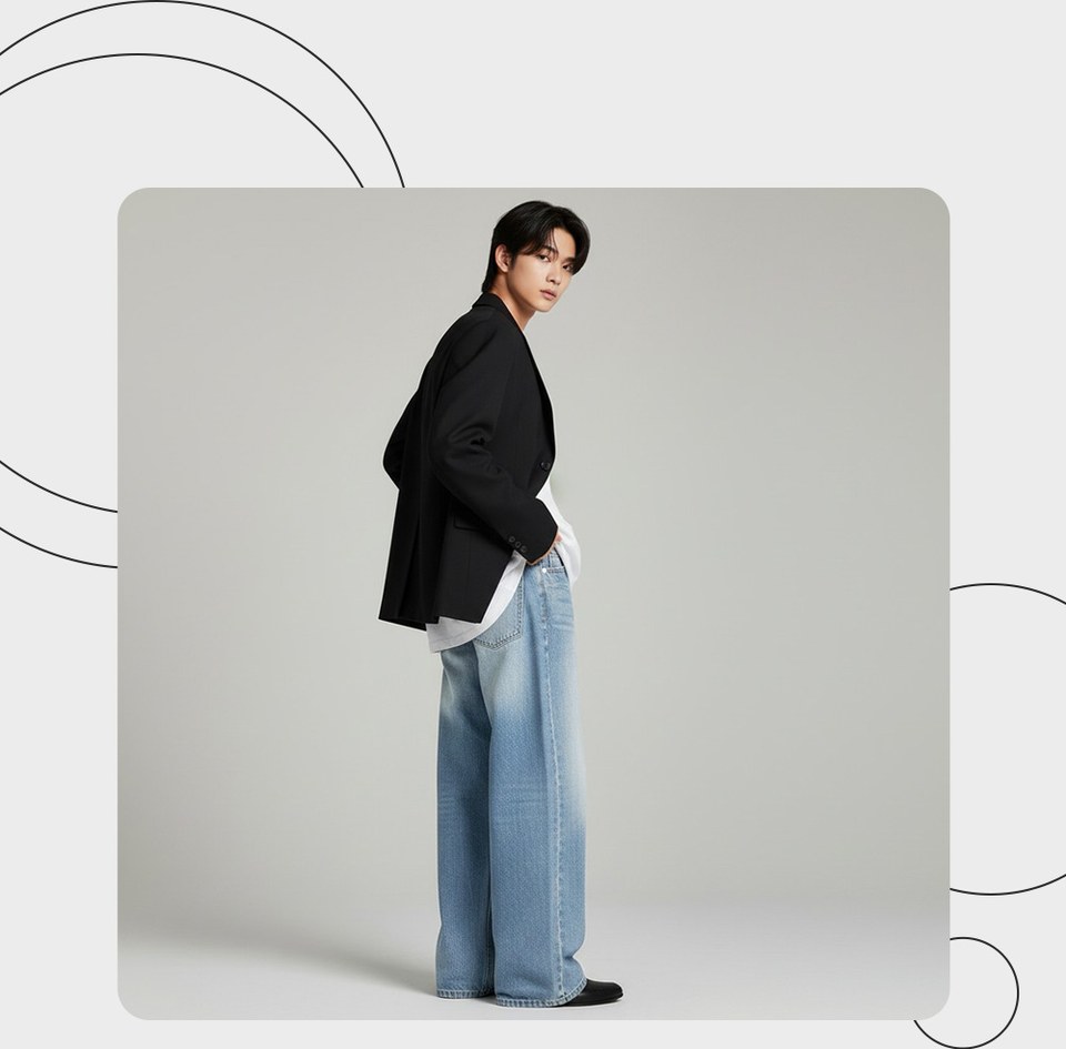 블랙·그레이 톤 와이드팬츠와 재킷 전신 코디 사진