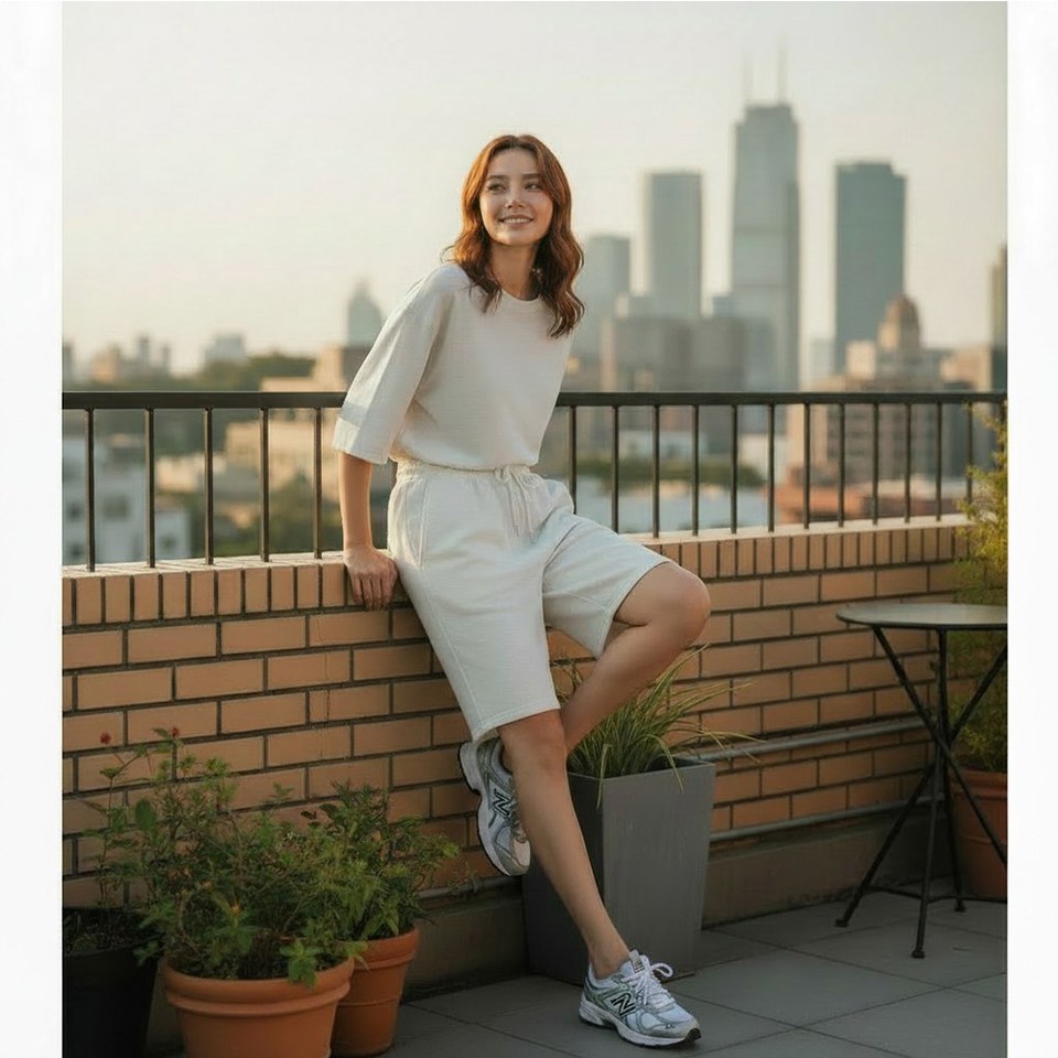카키·아이보리 톤 반바지와 반팔티 전신 코디 사진