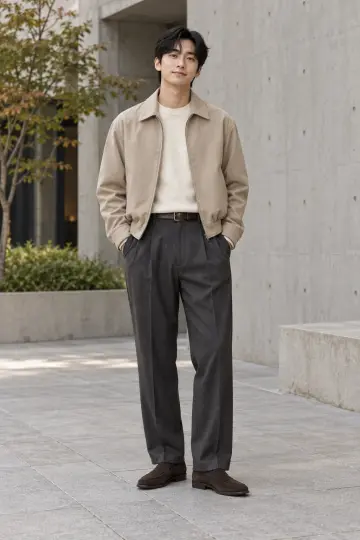 차콜 슬랙스와 베이지 블루종 전신 코디 사진 (남성 아우터)