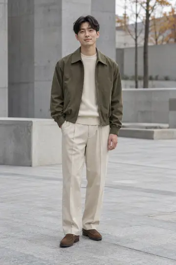 브라운·차콜 톤 오버핏 슬랙스와 블루종 전신 코디 사진 (남성 아우터)