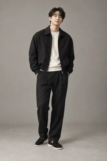 블랙 오버핏 슬랙스와 블랙 블루종 전신 코디 사진 (남성 아우터)