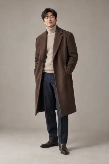 브라운 슬랙스와 브라운 코트 전신 코디 사진 (남성 아우터)