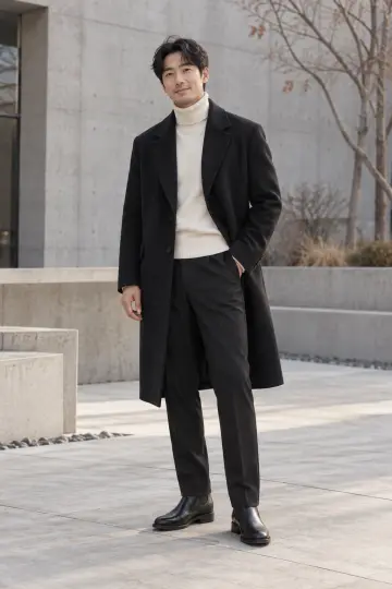 블랙 슬랙스와 니트 전신 코디 사진