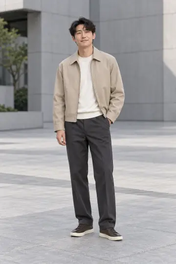 차콜 슬랙스와 블루종 전신 코디 사진 (남성 아우터)