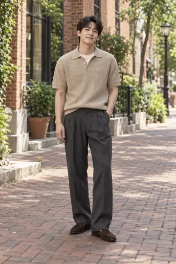 차콜 슬랙스와 베이지 가디건 전신 코디 사진