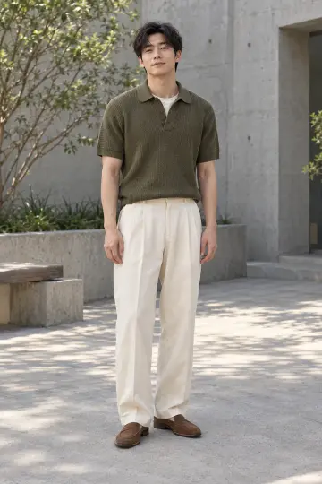 베이지·그레이 톤 오버핏 슬랙스와 가디건 전신 코디 사진