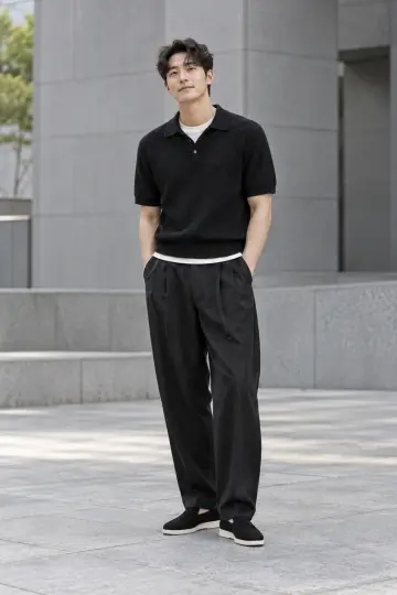 오버핏 슬랙스와 블랙 가디건 전신 코디 사진