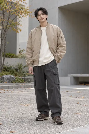 차콜 오버핏 카고팬츠와 블루종 전신 코디 사진 (남성 아우터)