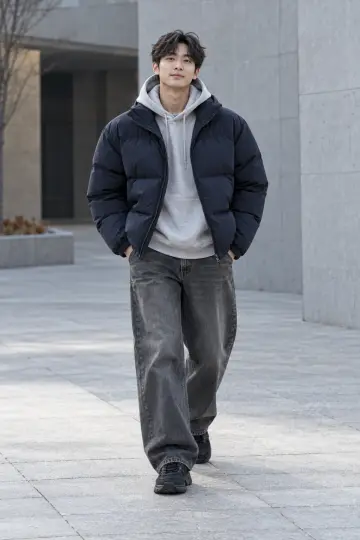 오버핏 청바지와 네이비 패딩 전신 코디 사진 (남성 패딩)