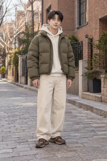 차콜·블랙 톤 오버핏 와이드팬츠와 패딩 전신 코디 사진 (남성 패딩)