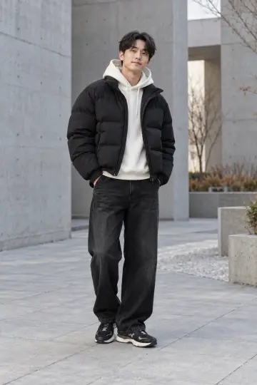 청바지와 블랙 패딩 전신 코디 사진 (남성 패딩)