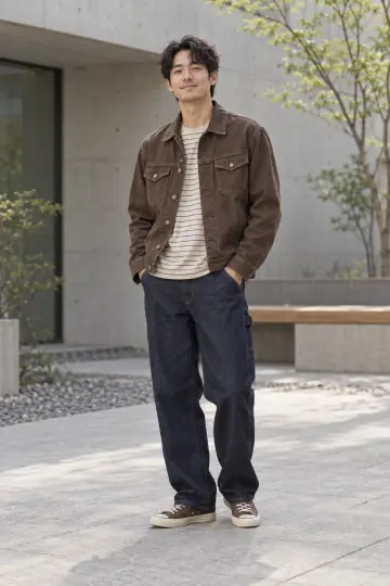 차콜·베이지 톤 청바지와 청자켓 전신 코디 사진 (남성 아우터)