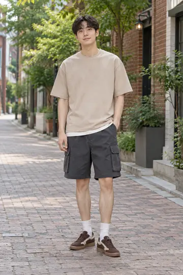 오버핏 반바지와 베이지 반팔티 전신 코디 사진 (남자 반팔티)