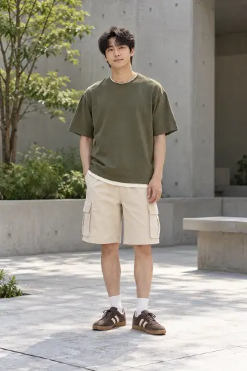 브라운·베이지 톤 오버핏 반바지와 반팔티 전신 코디 사진 (남자 반팔티)