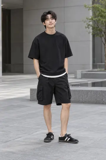블랙 반바지와 블랙 반팔티 전신 코디 사진 (남자 반팔티)