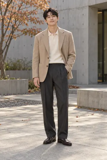 차콜 슬랙스와 베이지 블레이저 전신 코디 사진 (남성 아우터)
