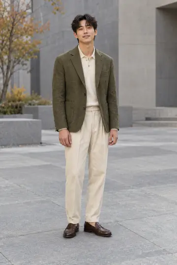 브라운·아이보리 톤 슬랙스와 블레이저 전신 코디 사진 (남성 아우터)