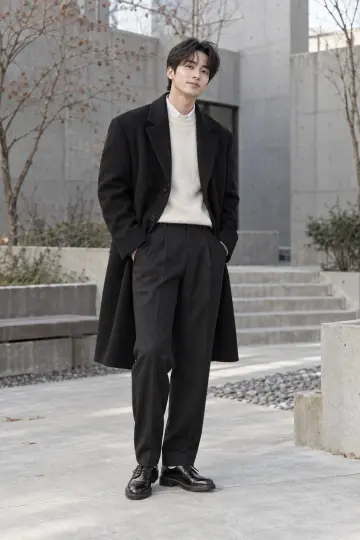 블랙 오버핏 슬랙스와 블랙 코트 전신 코디 사진 (남성 아우터)